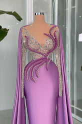 Gorgeous Lilac V-neck Portrait Beading Satin Long Sleeve Lace Evening Prom Evening Dresses With Ruffle